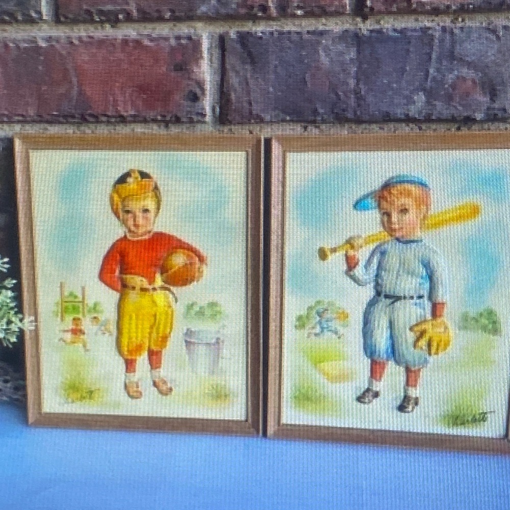 Pair of 1950's Metalcraft Framed 3D Baseball & Football Prints ⚾ 🏈